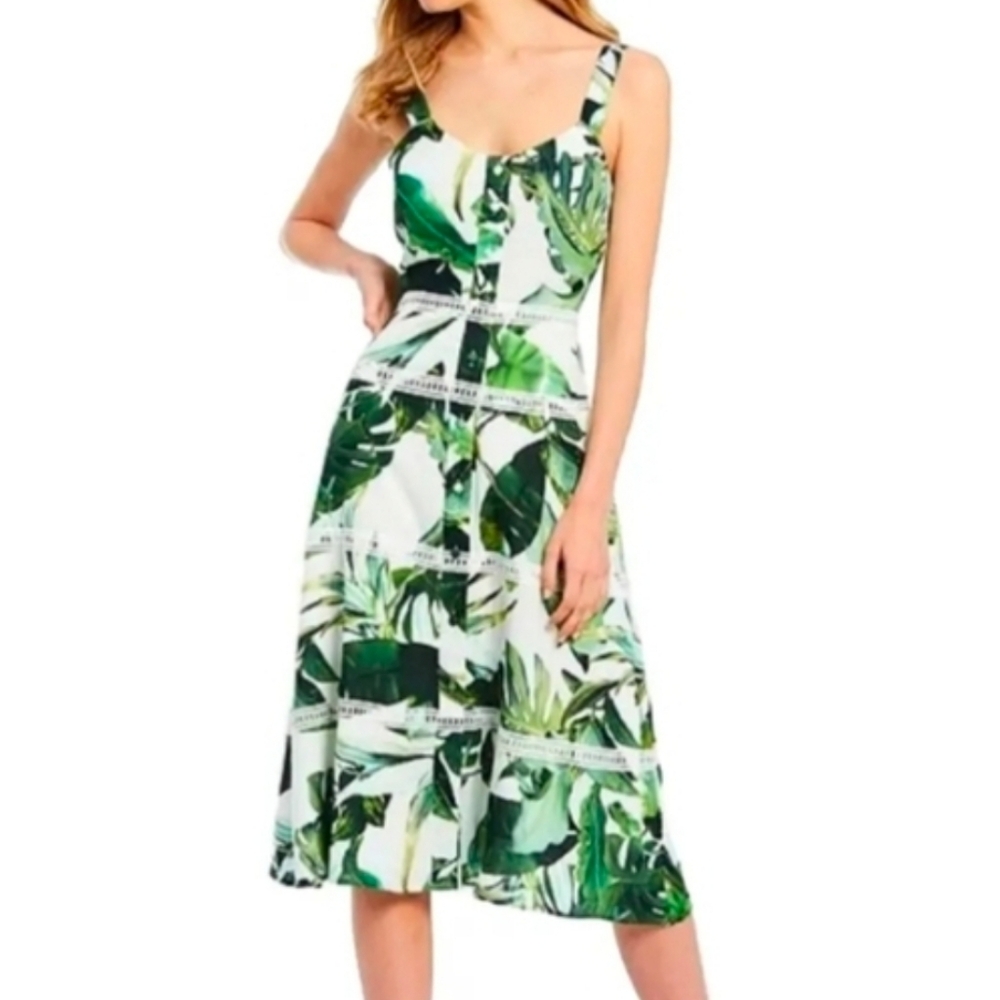 Gianni Bini Monica Palm Leaves Cotton midi dress Ivory Green 0 - Picture 11 of 11